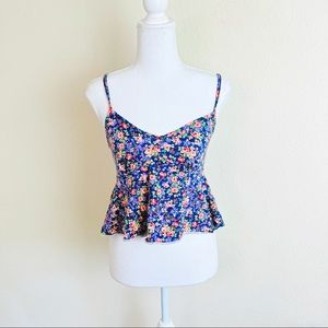 Papaya Purple Floral Babydoll Peplum Raw Hem Crop Tank Top
